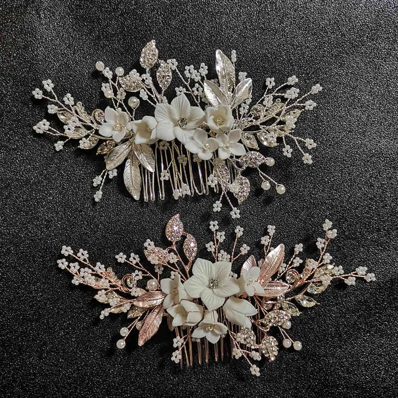 SLBRIDAL Handgjorda kristall Rhinestones Pearls Flower Bröllop Smycken Kam Bridal Headpieces Hårtillbehör Brudtärna