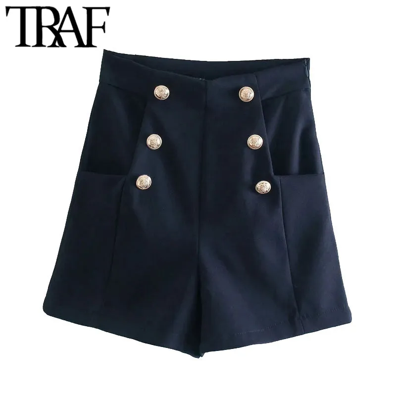 TRAF femmes Chic mode avec métal boutonné Bermuda Shorts Vintage taille haute côté fermeture éclair femme pantalon court Mujer 210415