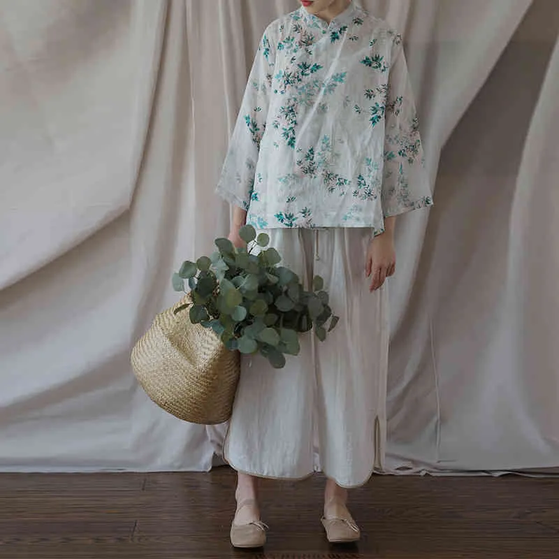 Johnature Yaz Kadın Giysileri Düzenli Üç Çeyrek Kol Vintage Baskı Standı Yaka Gömlek Casual Kadın Bluzlar 210521 Tops