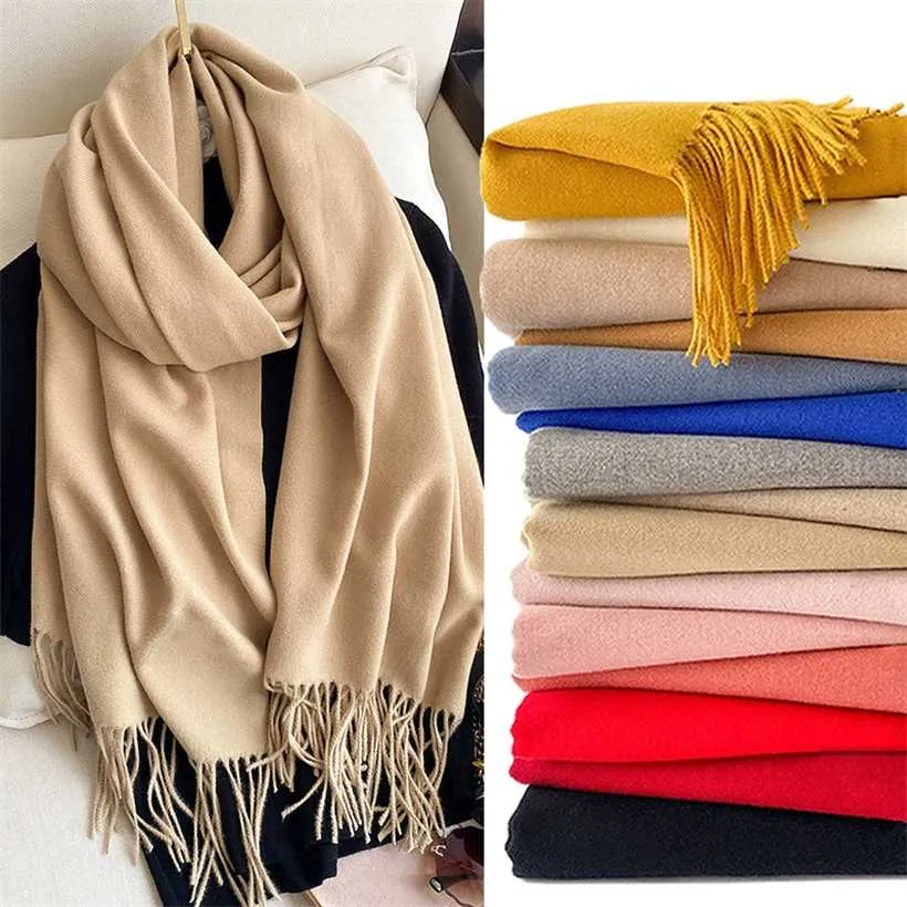 winter scarf solid thick women cashmere scarves neck head warm hijabs pashmina lady shawls and wraps bandana Tassel 220106
