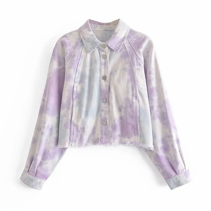 Women Spring Fashion Denim Tie dye Jackets Coats ZA Long Sleeve Loose Casual Female Street Jacket Outerwear Clothing 210513