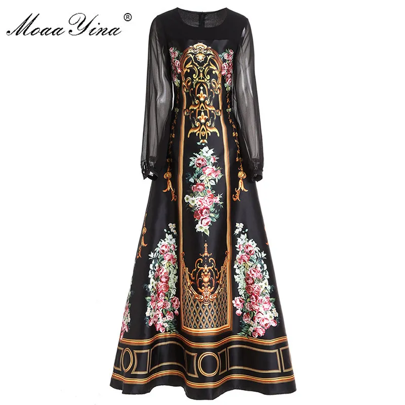 Модные дизайнерские платья весенние женские платья с длинным рукавом старинные цветочные печать черные Maxi платья 210524