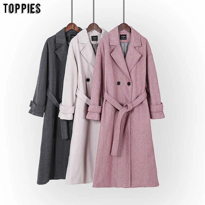 Toppies Winter Gewatteerde Wollen Jas Vrouwen Oversized Lange Jas Double Breasted Uitloper Manteau Femme 210930