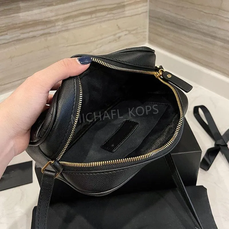 Camera Bag Women Purse Shoulder Bags Fashion Plain Genuine Leather Grain Gold Hardware Zipper Sheepskin Material V Pattern Fringes Decoratio