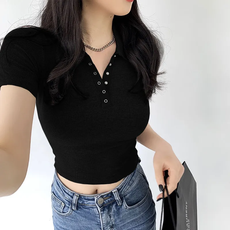 Ribbed Button Crop Top Polos Solid Color Short Sleeve V Neck Ribbed Button Crop Top Polos Solid Color Short Sleeve V Neck
