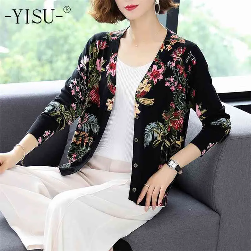 YISU Women Casual soft Cardigan Autumn Winter Knit Top Soft Sweater Coat Long sleeve V-neck Floral print knitted cardigan Women 210805