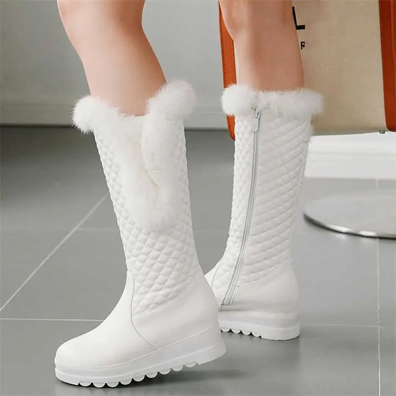 Warm Snow Boots Women Winter Wedges Low Heels Knee High Female Long Lady Platform Fur Plush Shoes Woman White 211018