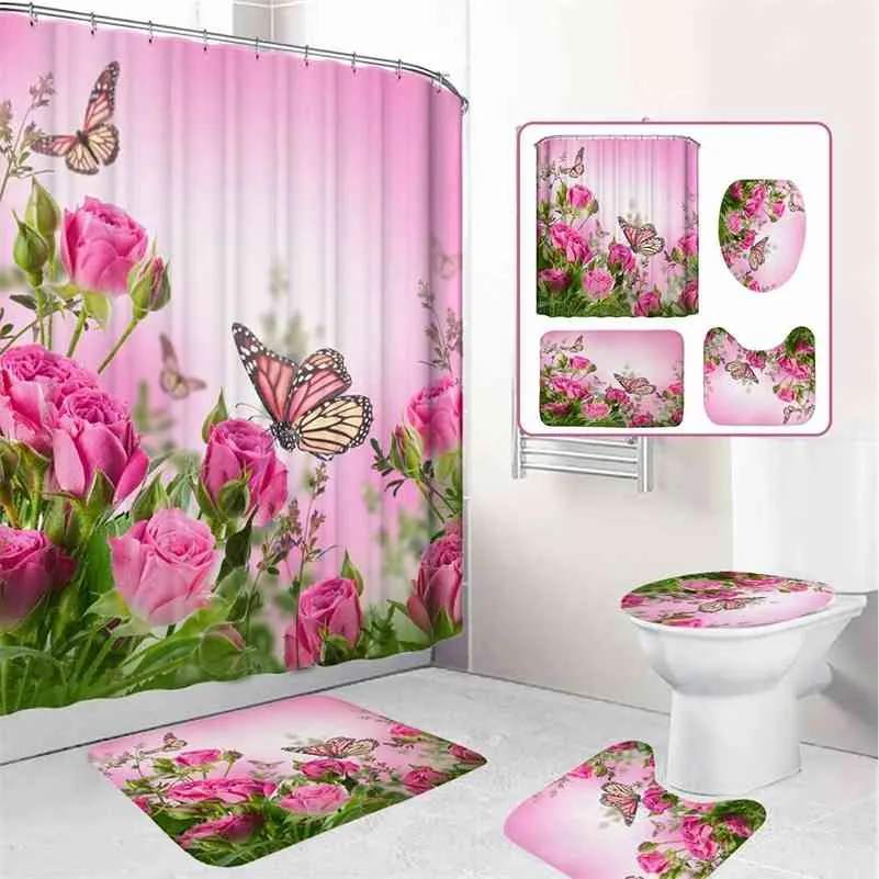 Flower Butterfly Printed Shower Curtains Bathroom Curtain Pink Rose Bathroom Set Toilet Seat Cover Rugs Non-slip Bath Mat 210402