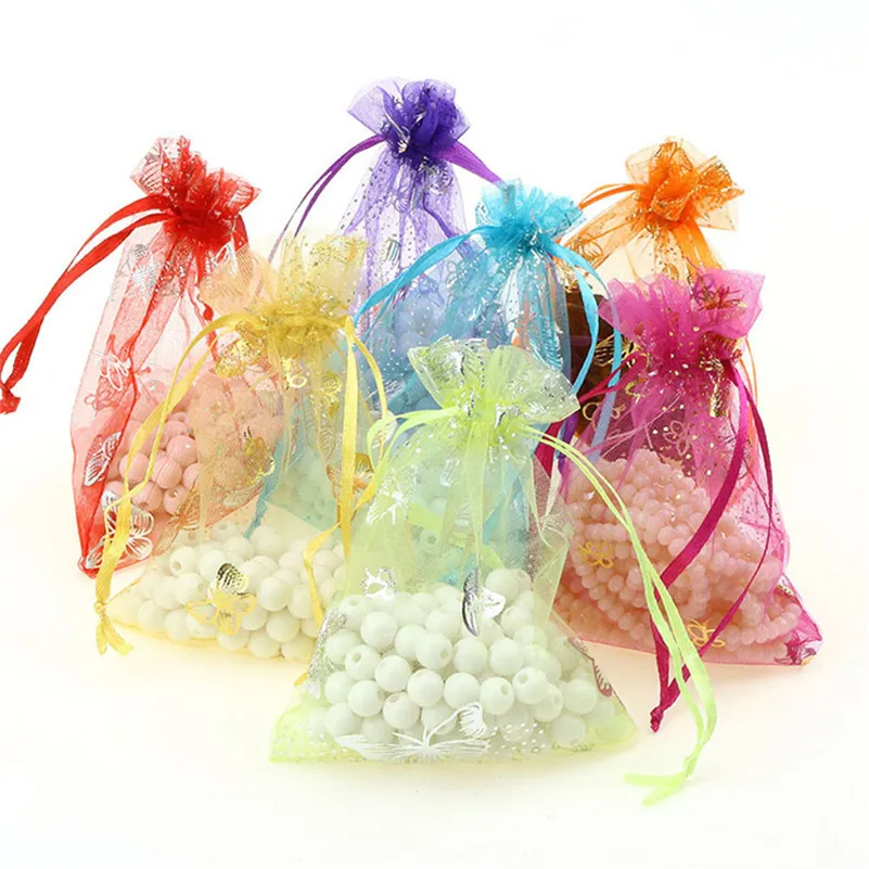 100 pz/lotto Organza Sacchetti con Coulisse per Anelli Orecchini Sacchetto di Cerimonia Nuziale Baby Shower Compleanno Regalo di Natale Pacchetto