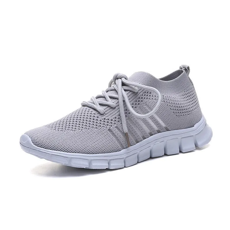 Spring and summer knitted breathable shoes solid color women's casual sneakers lace-up flat-bottomed outdoor mesh casual women's sport shoes