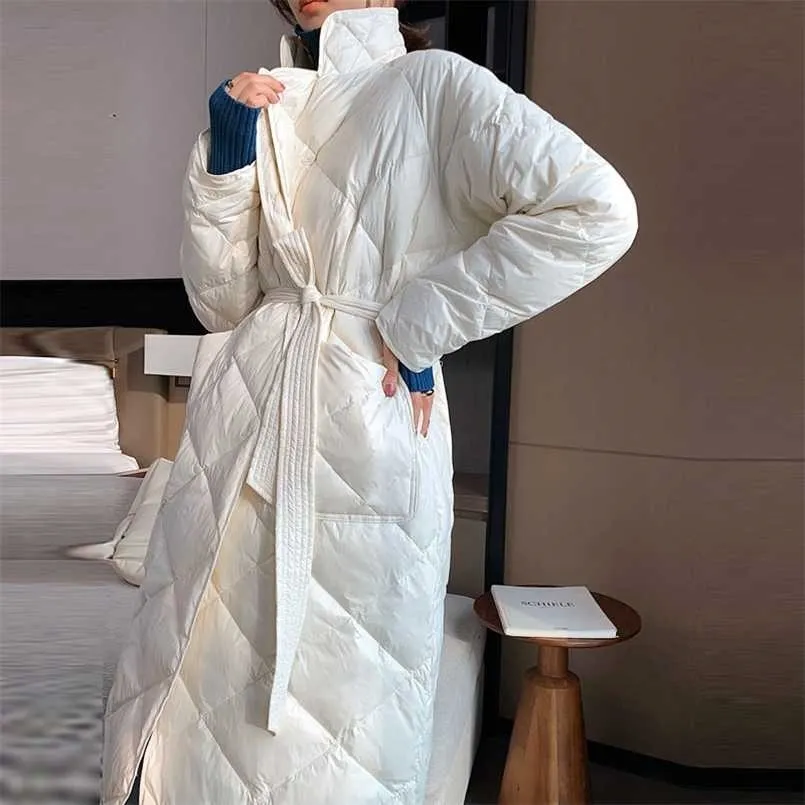 Długi zimowy płaszcz rombowy wzór dorywczo skrzydełka kobiety parki kieszenie krawędź krawiecka puffer kurtka bawełna wyściełana strewear 211014