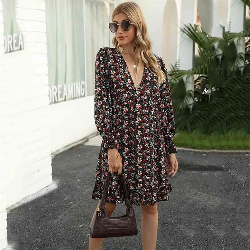 Profondo scollo a V stampa floreale Boho abito a maniche lunghe Donna Vintage Chic Ladies Primavera Autunno Nero Abiti corti 210427