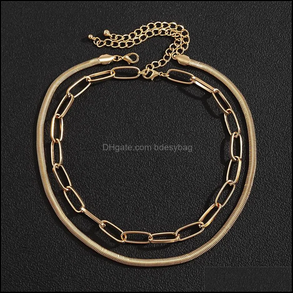 2Pcs/Set Flat Round Snake Chain Necklace for Women Sexy Wedding Collar Bijoux Femme Cuban Lock Link Choker Fashion Jewelry 2021