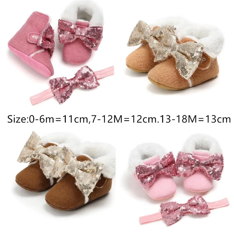 First Walkers Flock Fur Baby Girl Winter Booties Pink Boots For Warming Shoes Born Walker With Headband