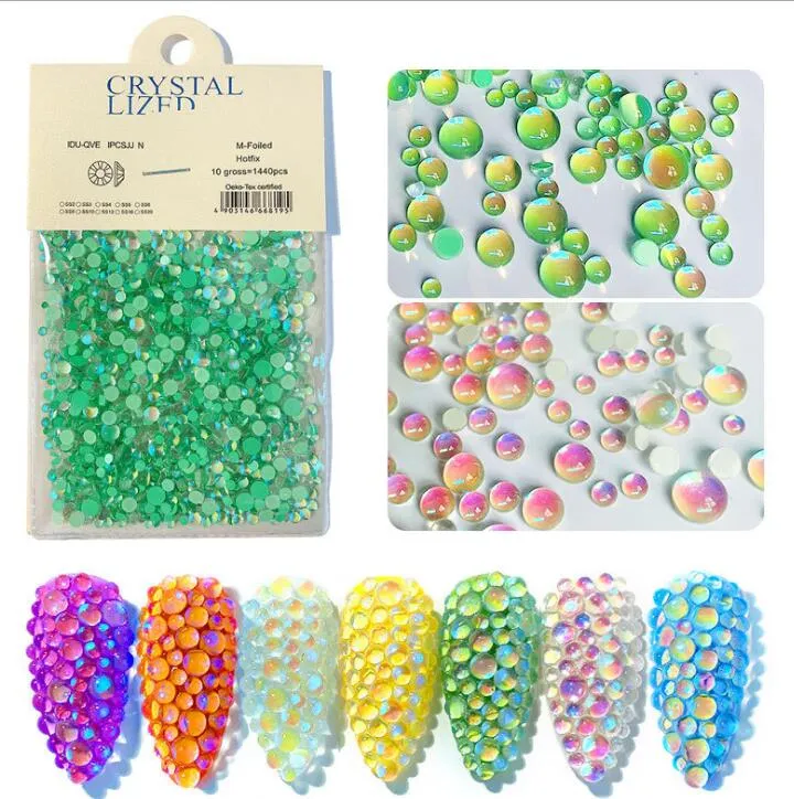 Crystal Nail Art Decorations 1440pcs Flatback Beads Aurora Rhinestone For Nails Mix Size Mermaid Symphony Iridescent Gems Pearl Stones