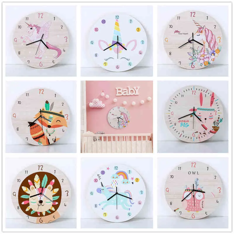 Cartoon Circular Unicorn Clock Clock Kids Drewniane Silent Reloj de Partion Dla Dziecka Pokoje Horloge Home Decor Dekoracji Salon H1230