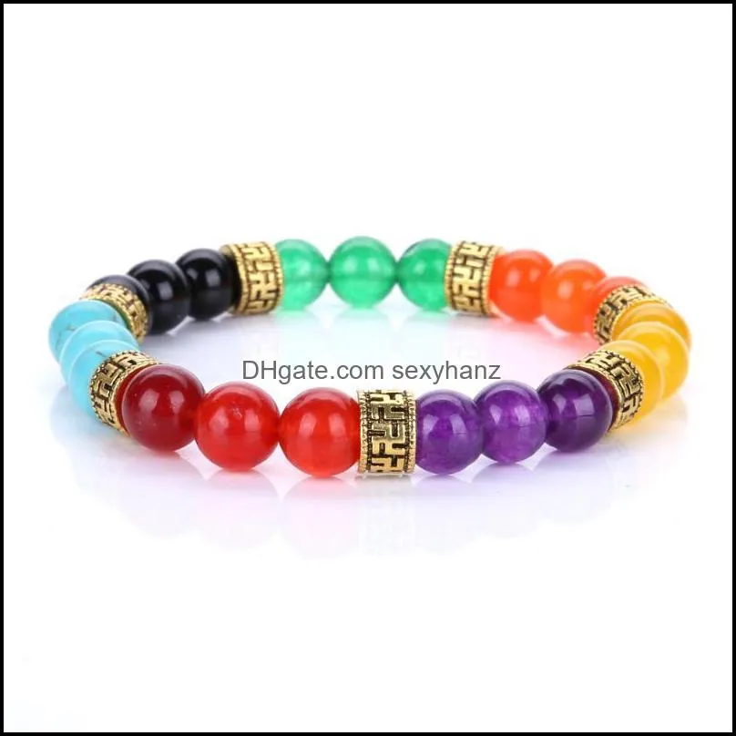 Natural Stone Seven Chakras Strand 8mm Purple Red Yellow Black Colorful Rainbow Beads Bracelet Buddha Stretch Yoga Men Jewelry Beaded,