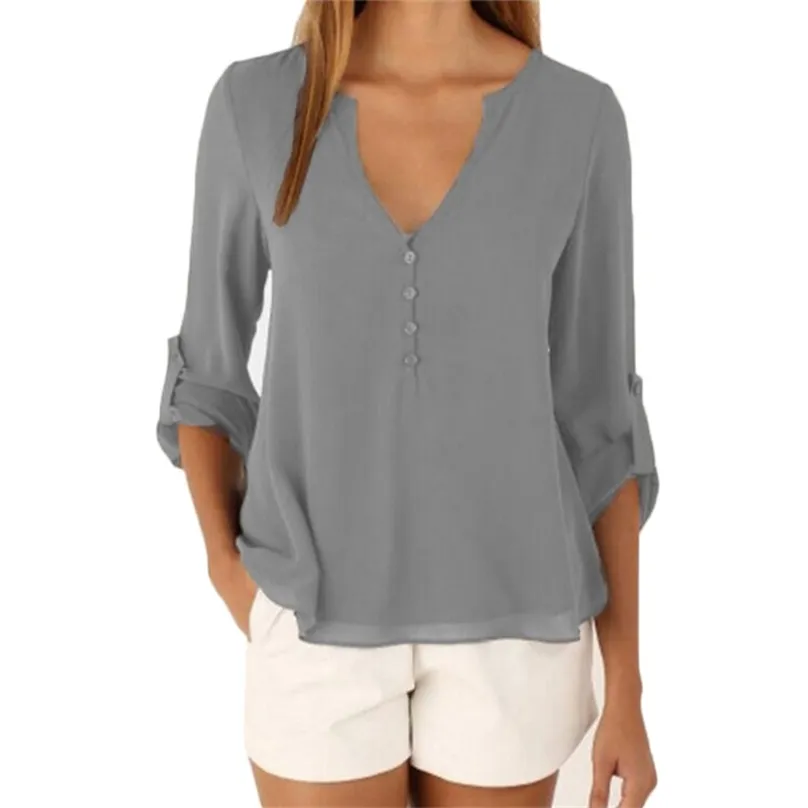 Elegant T-shirt voor vrouwen zomer mode effen kleur lange mouw V-hals losse plus size chiffon shirt vrouwelijke LR1129 210531