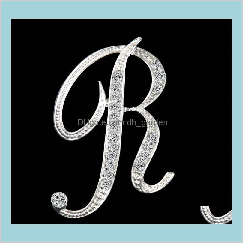 fashion 26 english letter brooch pins sparkling crystal silver plated alphabet brooch