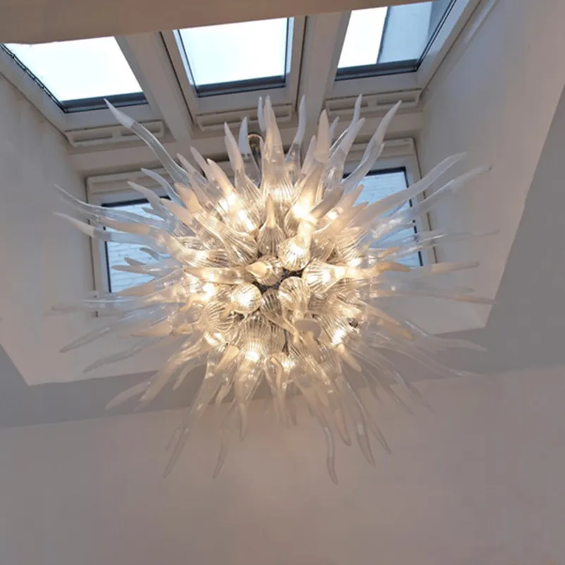 美しい透明な白いペンダントランプヴィラの手吹きムラノガラスLEDシャンデリア照明階段リビングルームキッチンアート装飾ライト32インチ