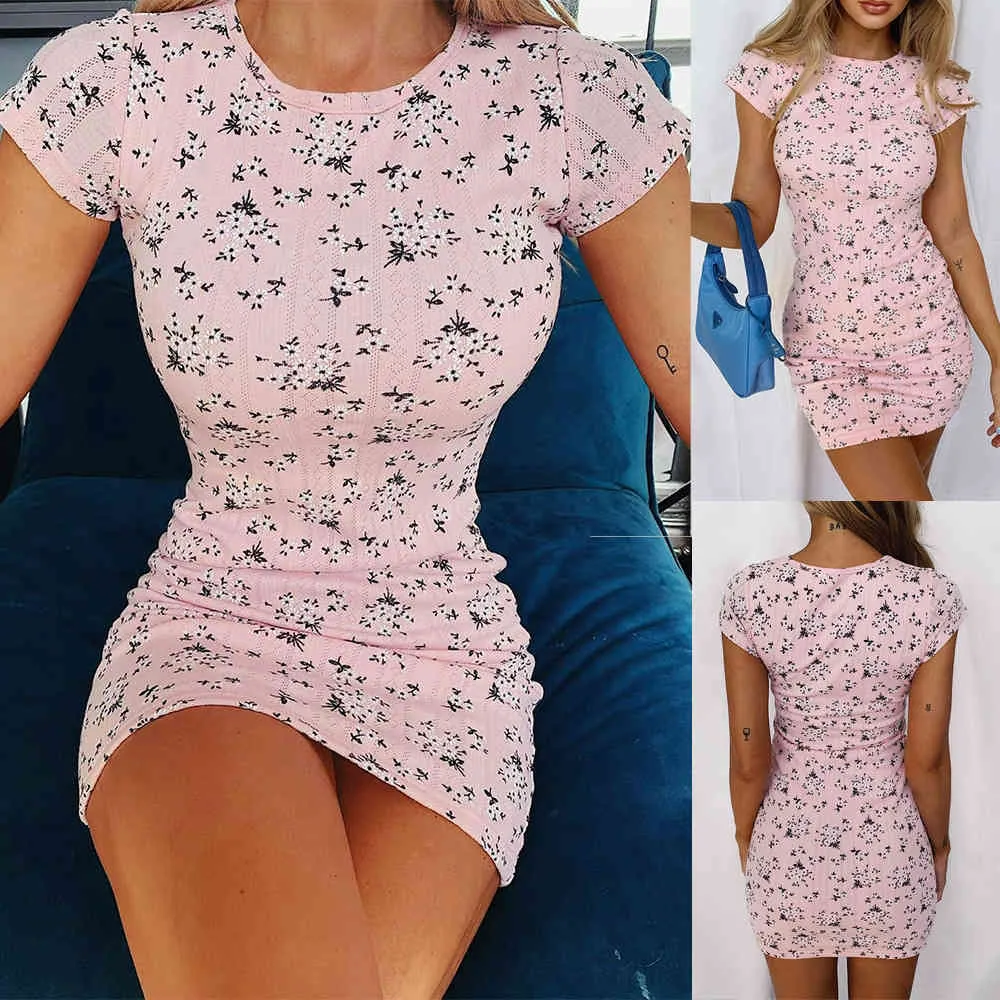 Abito da donna dolce fiore stampato manica corta abito a tubino sottile sexy o collo abito da festa donna estate mini abiti abiti 210507