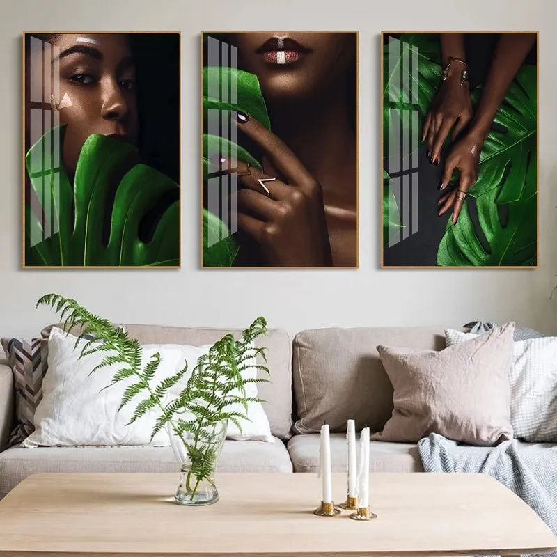 Ouro negro mulher verde folha pintura sexy moda arte cartaz e impressão parede imagem moderna casa sala de estar decoração