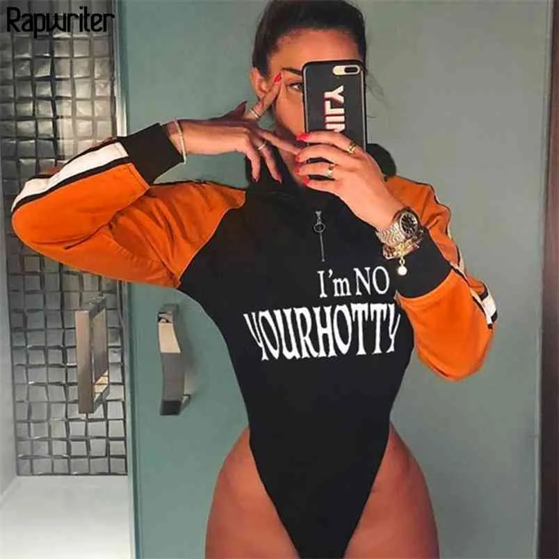 Casual Paneled Brev Striped Ring Zipper Hoodies Bodysuit Kvinnor Streetwear Långärmad Öppna Crotch 210510