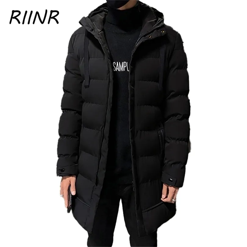 Riinr Winter Cotton-Padded Jacket Mid-Length韓国人男性厚い暖かいメンズダウンパッド入りフード付きコート211214