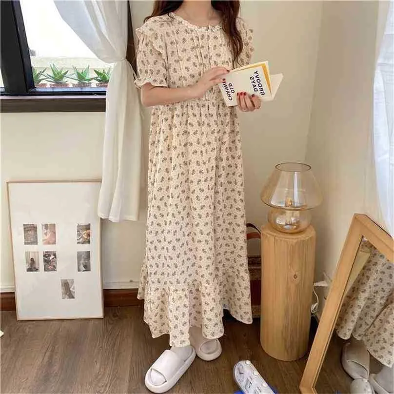 Sommer Lose Pyjamas Outwear Baumwolle Nachtwäsche Süße Blumen Prinzessin Kleid Gedruckt Chic Homewear Nachthemd 210525