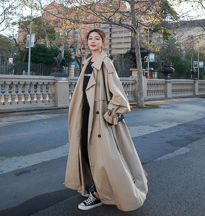 أزياء كبيرة الحجم X-Long Women's Lourning Trench Coat على الطراز الكوري للبصفقة الرقبة المزدوجة صدري سيدة Cloak Windbreaker خريف الشتاء