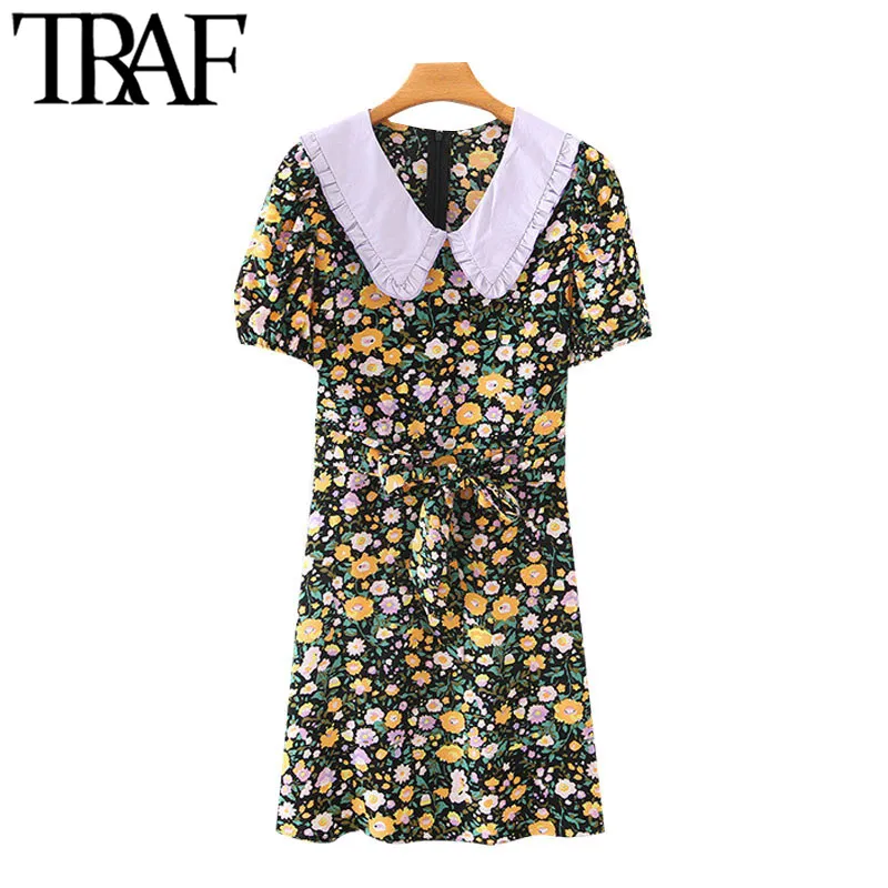 TRAF Femmes Chic Mode avec ceinture Floral Imprimer Mini Robe Vintage Peter Pan Collier à manches courtes Robes féminines Mujer 210415