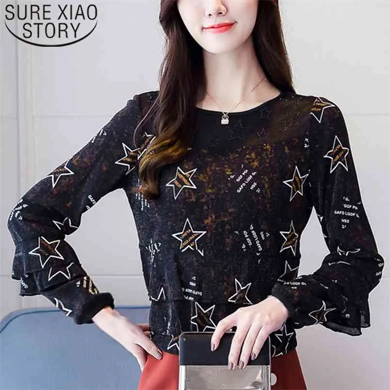 Fashion Casual Chiffon Women Blouse Long Sleeve O-neck Elegant Clothing Printing Tops Plus Size 5535 50 210506