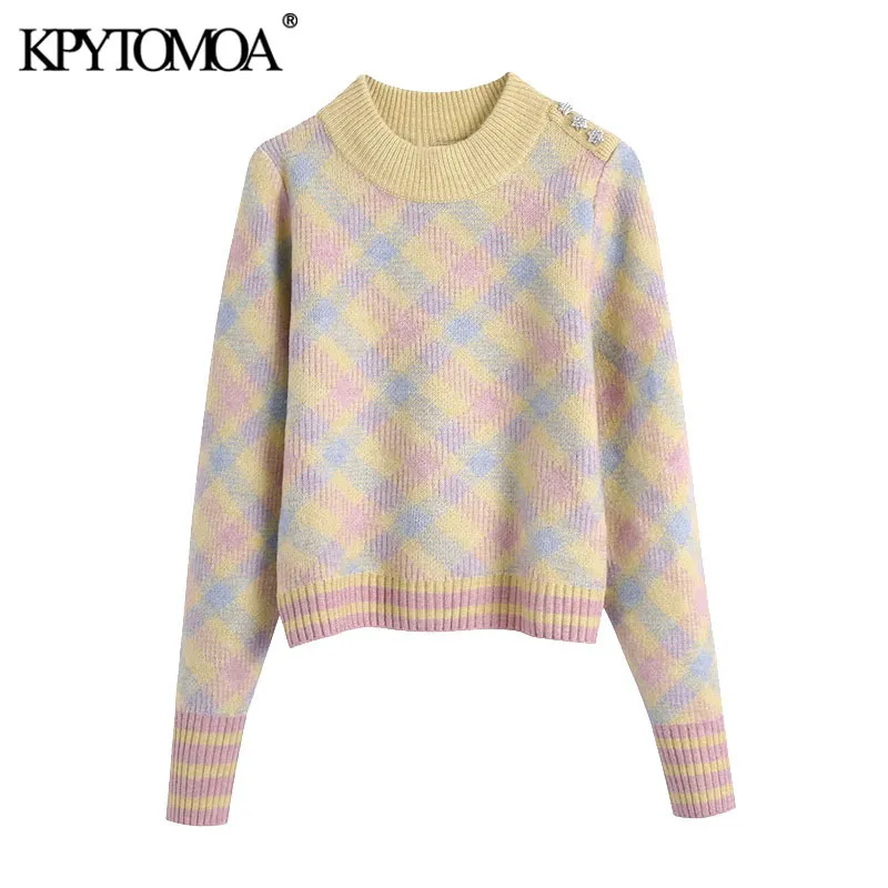 Women Sweet Fashion With Rhinestone Buttons Knitted Sweater Vintage O Neck Long Sleeve Female Pullovers Chic Tops 210416