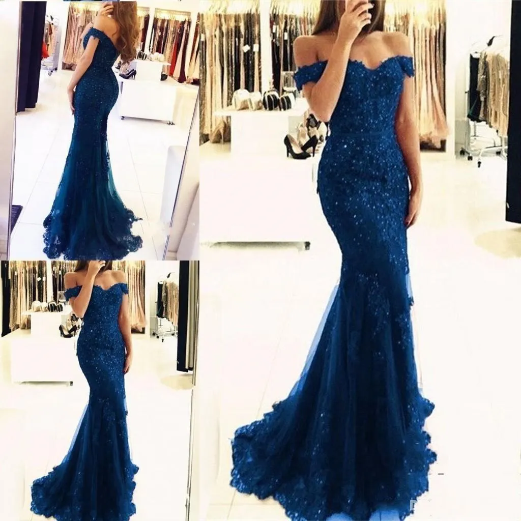 우아한 긴 레이스 파란색 이브닝 드레스 2021 어깨 머메이드 댄스 파티 가운 아첨 여성 공식 착용 특별 행사 드레스
