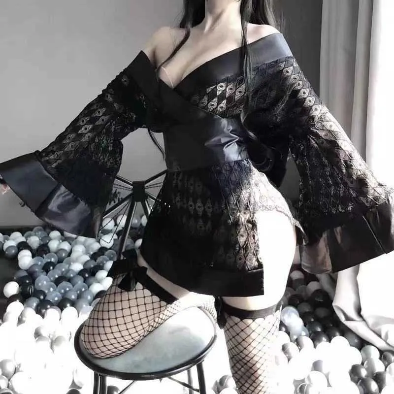 Sexy Cosplay Uniforme Escuro Japonês Quimono Trajes Erotic para Mulheres Robe Cardigan Papel Play Net Fio Preto 4 Pcs Lingerie Set Y0913