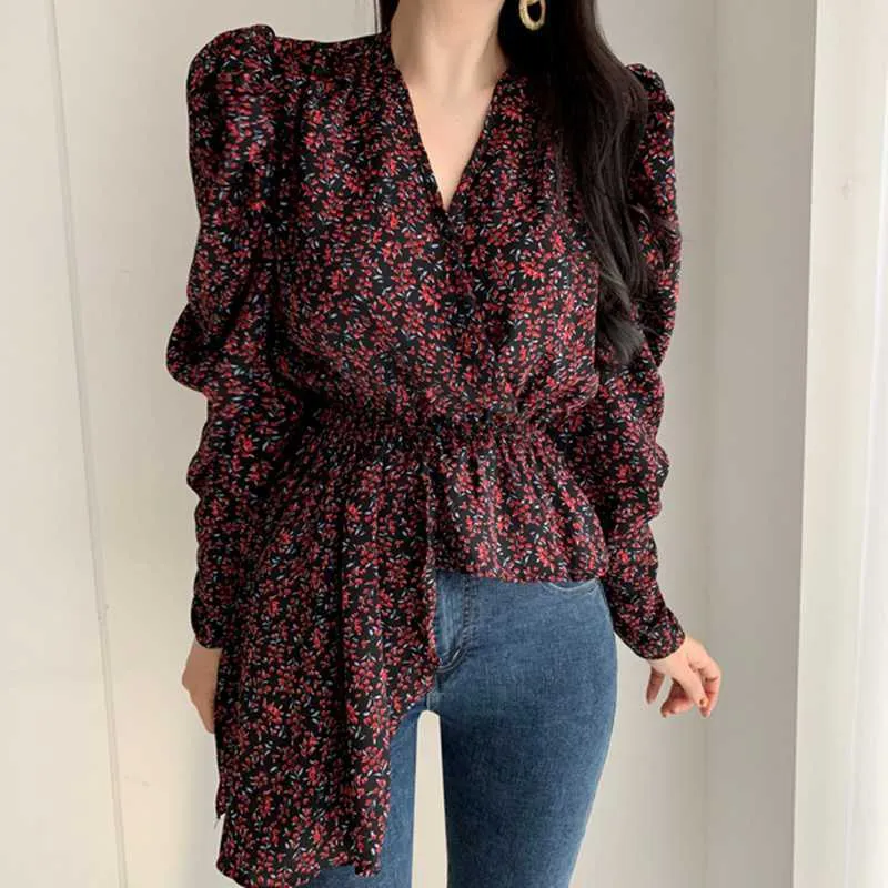 All-Match Summer Elegant V-Neck puff sleeve Irregular Tops Chic Loose Sweet Casual Female Floral print Shirts 210529