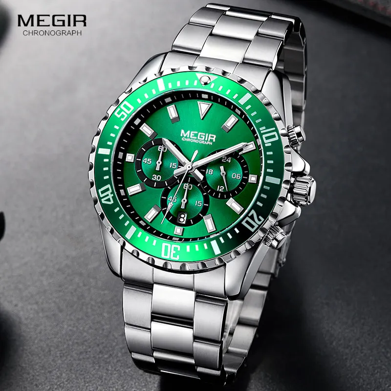 MEGIR Mens Chronograph Quartz Watches Stainless Steel Waterproof
