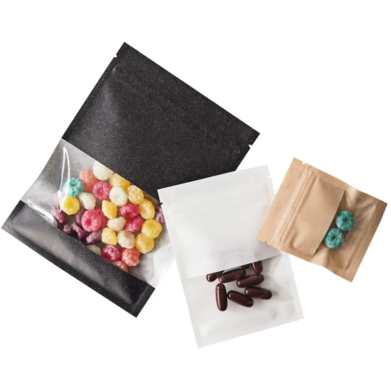 1000Pcs/Lot Small Black/Brown/White Kraft Paper Zipper Lock Bag with Window Food Earring Jewelry Packaging Pouches Wholesale