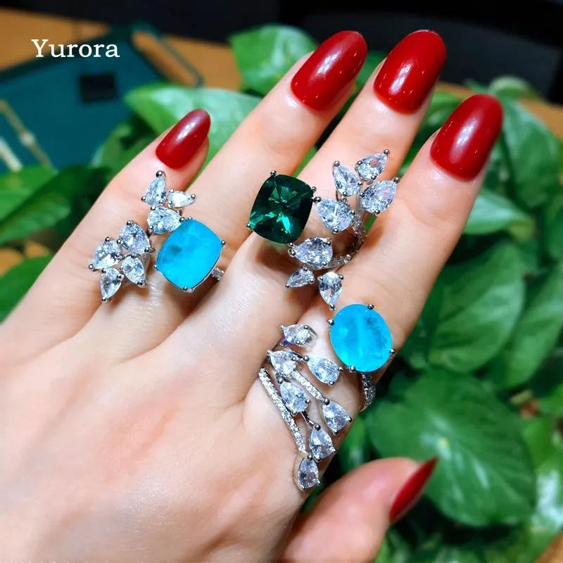 Cluster Rings Luxury Big Flower Zircon Ring For Women Green Crystal Blue Fusion Stone Adjustable Wedding Bridal Promise Fine Jewelry 2022