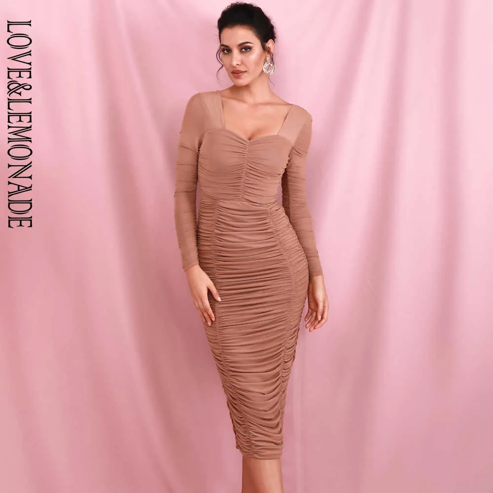 Nude Square Collar Elastic Mesh Slim Long Sleeve Over-The-Knee Party Dress With Lining LM81941-1 210602235q