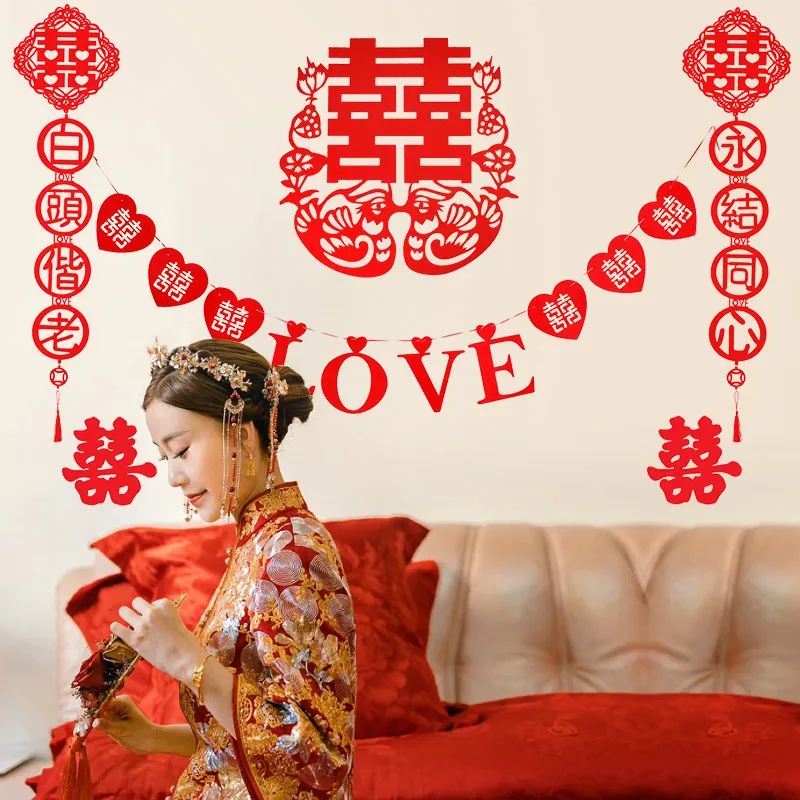 Autocollants de porte de mariage avec mot hi, disposition du salon, décoration de salle de mariage, porte de mariage chinois, décoration traditionnelle