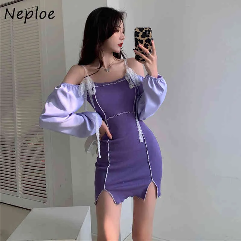 Nepoel sexy slash nek schouder strapless camis jurk vrouwen hoge taille hip skinny vestidos split ontwerp hit kleur robe zomer 210423