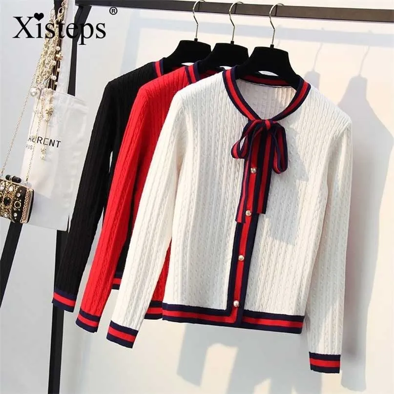 Xistep Thick Knitted Cardigan Sweater Elegant Bow Tie Pearl Button O neck female Autumn Winter Coat Ladies Stripe Jacket 211011