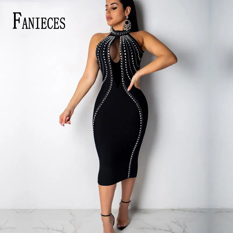 Vestido de verano Midi sin mangas de pasarela de alta calidad para mujer Sexy Club Diamond Stripe Bodycon Sundress drop 210520