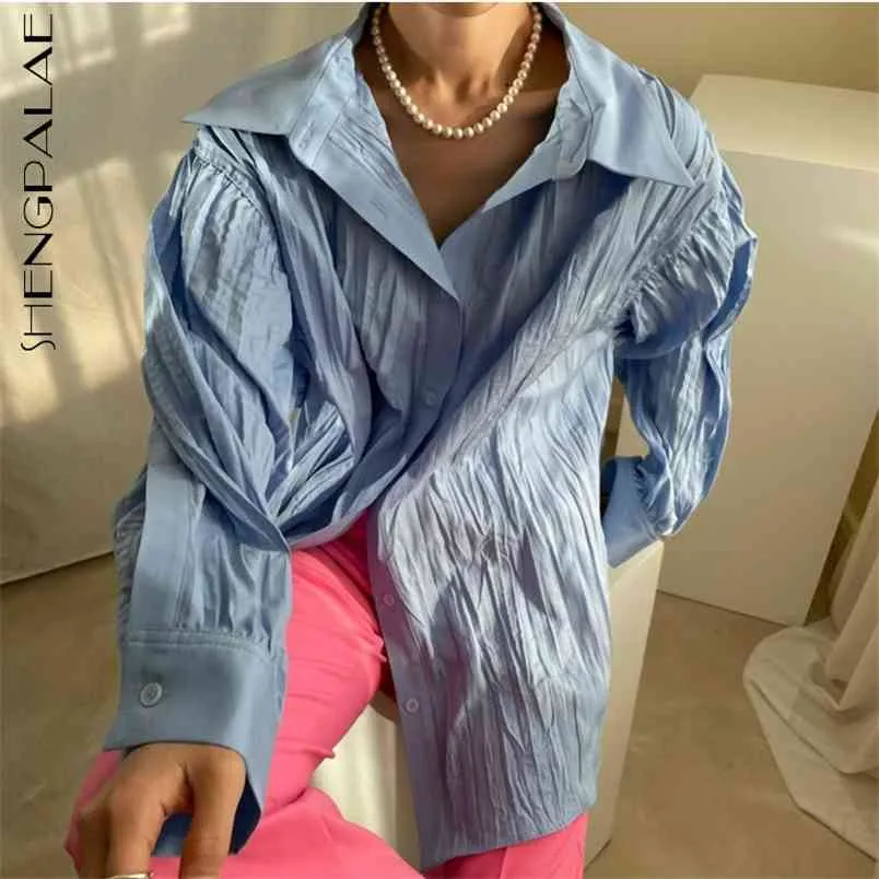 Spring Women's Fashion Folds Blus singelbröst Turn-down Collar Långärmad Minimalistisk Loose Shirt Kvinna 210427