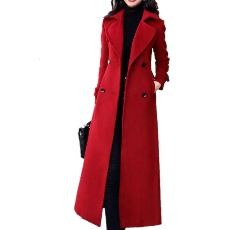Misturas de lã feminina plus size 3xl Red Woolen Coat Women Women Winter Basted Long sobretudo