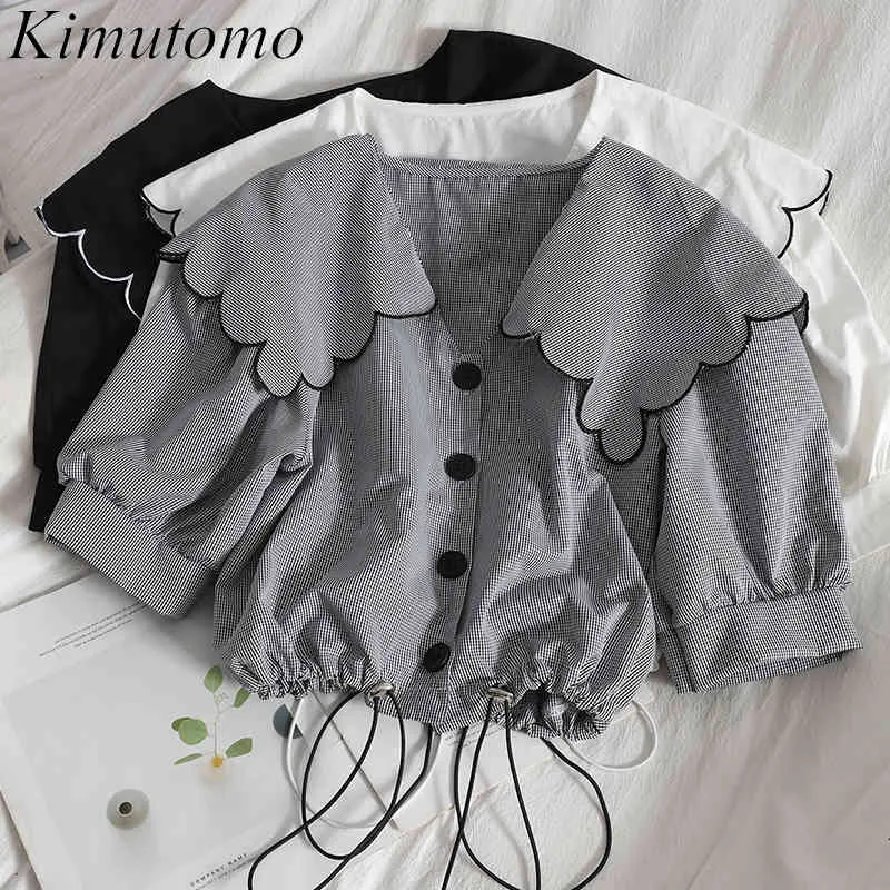 Kimutomo Peter Pan Collar Krótkie bluzka Kobiety Sznurek Hollow Out Waist Single Breasted Koreański Kolor Kontrast Koszula Kobieta Top 210521