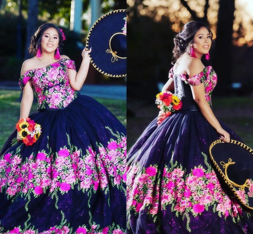 2021 Vintage Mexicaanse Quinceanera Jurken Charro Dark Navy Floral Applicaties Off The Shoulder Corset Sweet 15 Jurk 16 Girls Plus Size Baljurk