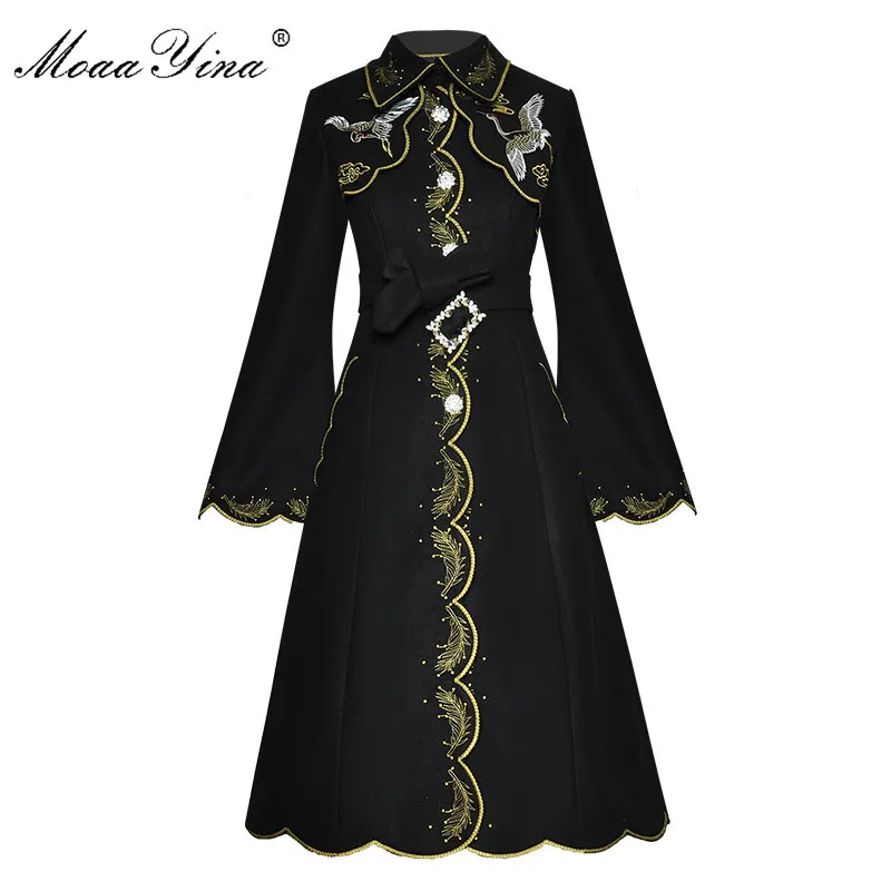 Mode Designer Woolen Cloth Overcoat Spring Höst Kvinnor Lace-up Flare Sleeve Gold Line Broderi 210524
