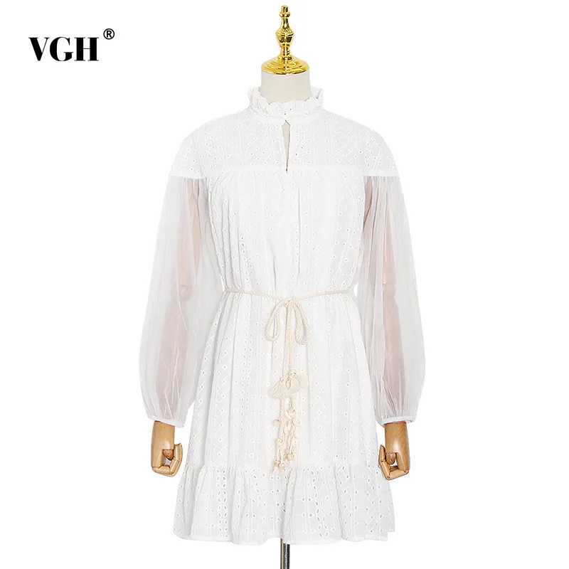 VGH Vintage Dress for Women Stand Collar z długim rękawem Wysoka talia Lace Up Hollow Out Ruched Solid Mini Sukienki Kobiet ubrania 210421